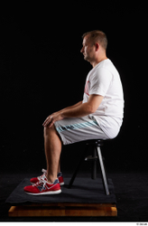 Whole Body Man White Sports Shirt Shorts Chubby Sitting Studio photo references